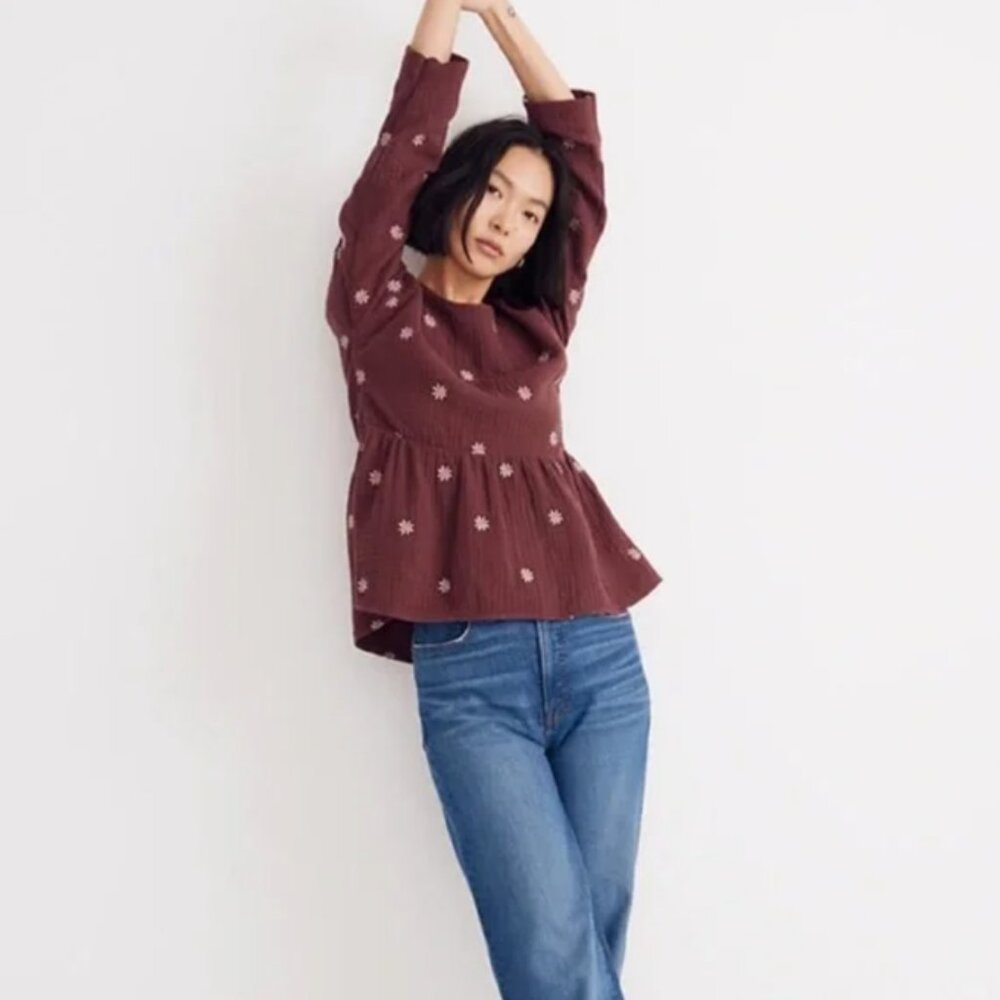 NWT Madewell Babydoll Francis Floral Embroidery Mulberry Blouse XXS